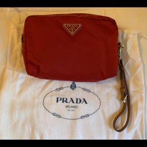 Prada red wristlet 7x4 inches nylon and leather